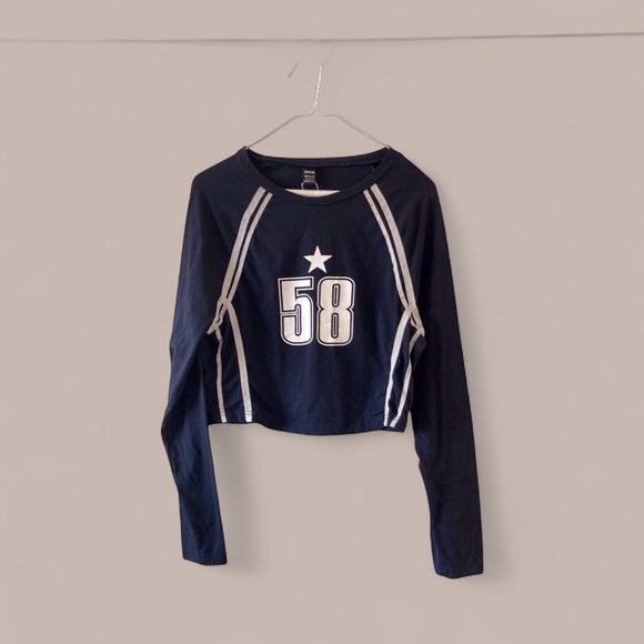 Sporty Varsity Crop Top | navy Long Sleeve | Size L New football tailgate y2k - Picture 2 of 7